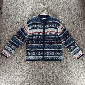 Vintage Tiara International Sweater Women Large Blue Snowflakes Stripes Cardigan